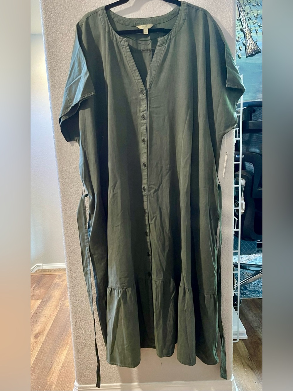 Terra & Sky Olive Green Button-Front Tiered Dress 3X
